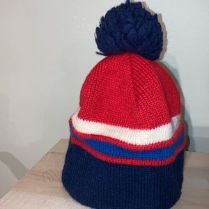 Vintage Wigwam 100% Wool Winter Pom Pom Hat Cream Red Blue Stripe